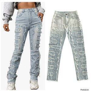 Like New! Stacked High Waist Frayed Patchwork Frayed Hem Light Wash Jeans